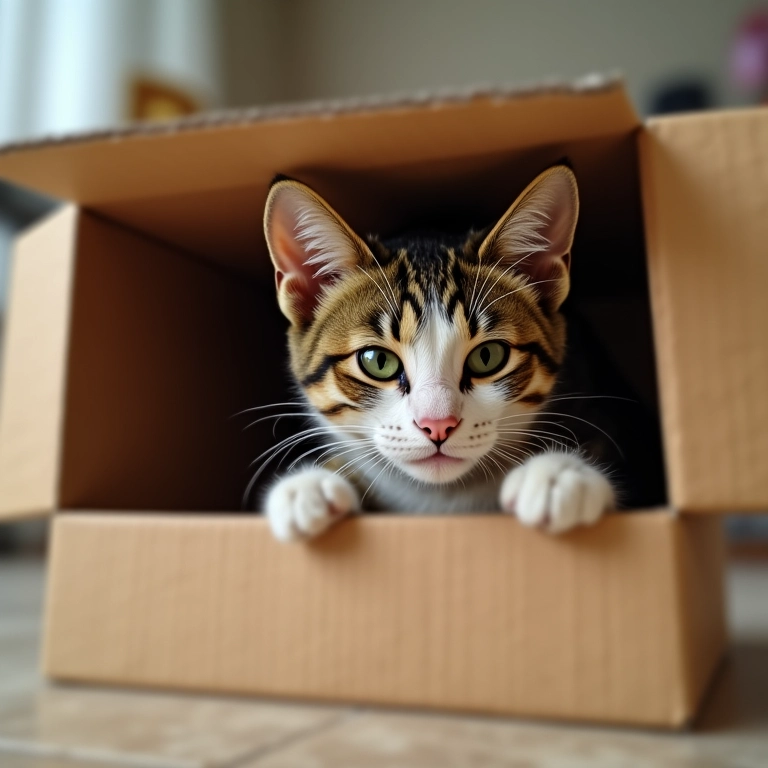 Gato entrando curioso em caixa de papelão.