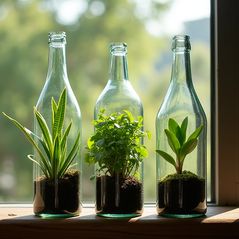 Glass bottle planters for small plants, vertical garden, natural lighting, 8K quality, sharp focus, Suportes de garrafas para plantas.
