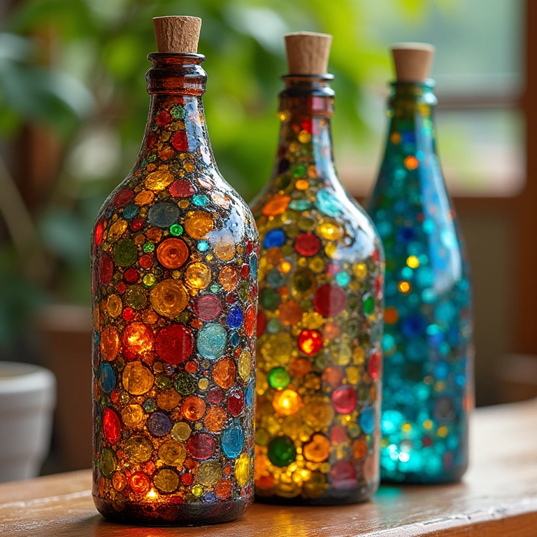 Glass bottles decorated with colorful mosaics, vibrant patterns, natural lighting, 8K quality, Garrafas decoradas com mosaicos coloridos.