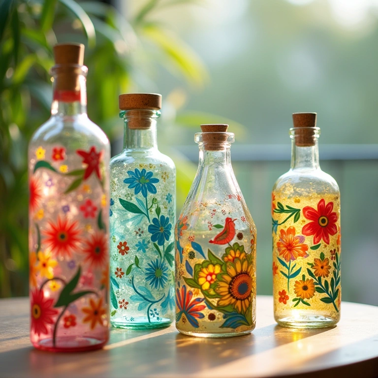 Glass bottles decorated with decoupage technique, colorful paper cutouts, natural lighting, 8K Garrafas decoradas com decoupage.