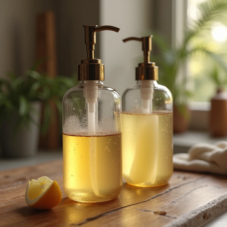 Glass bottles used as liquid soap dispensers, rustic style, natural lighting, 8K quality, sharp Garrafas transformadas em dispensers de sabonete.