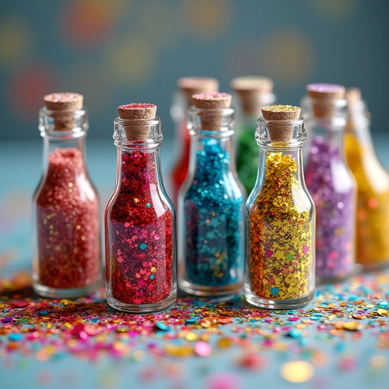 Glitter e confetes da alegria em garrafinhas.
