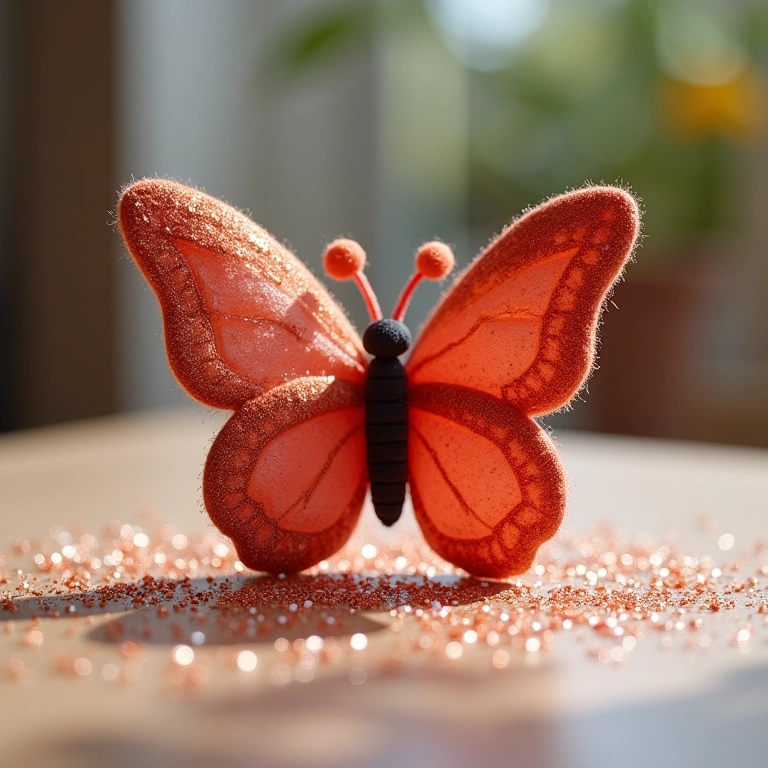 Glitter sendo espalhado delicadamente em borboleta de amigurumi.