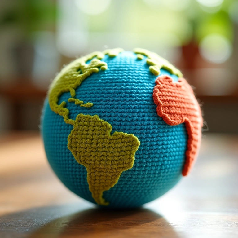 Globo terrestre de amigurumi com CDs de crochê representando os continentes.