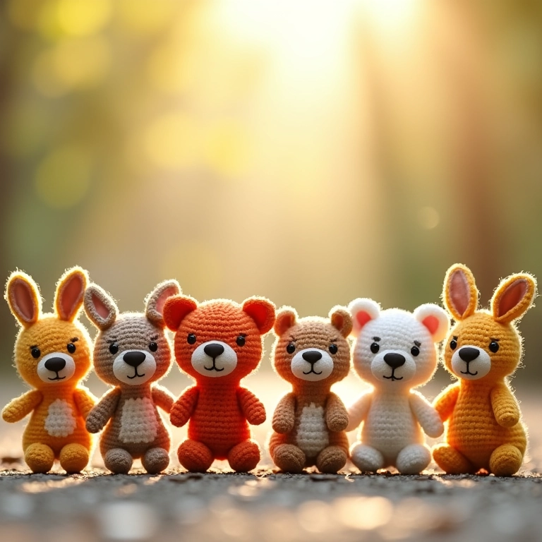 Grupo de amigurumis de ponto cruz charmosos, com pequenas imperfeições.