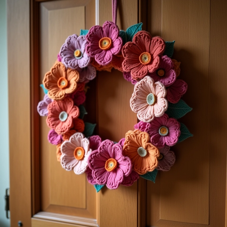 Guirlanda aconchegante com flores de feltro em amigurumi.