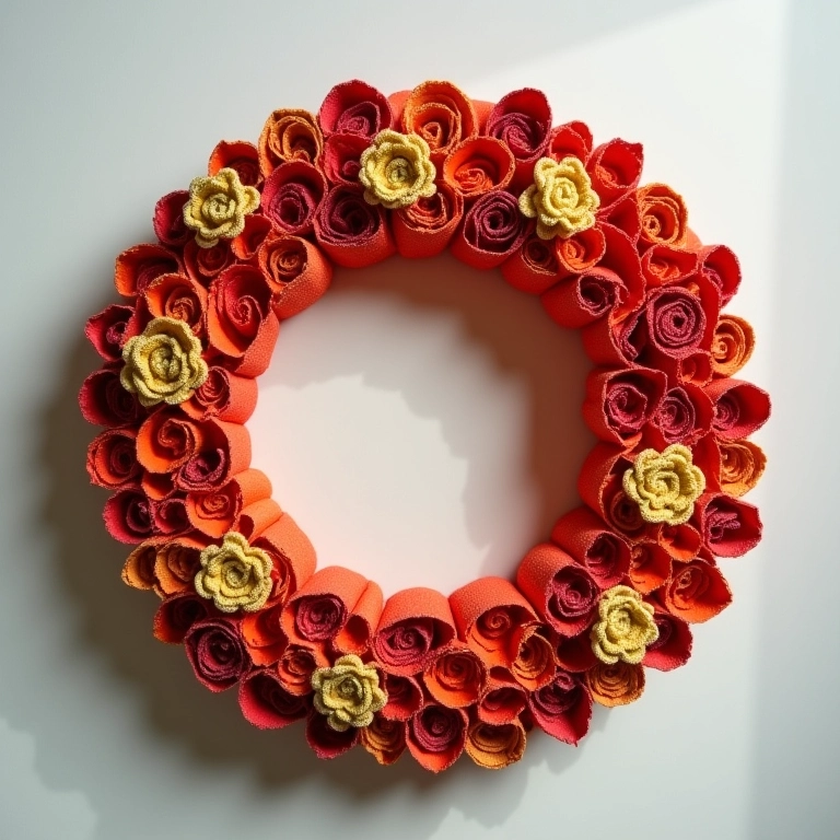 Guirlanda criativa de crochê feita de rolos de papel.