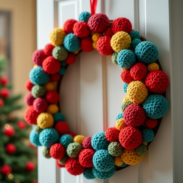 Guirlanda de amigurumi com bolas coloridas.