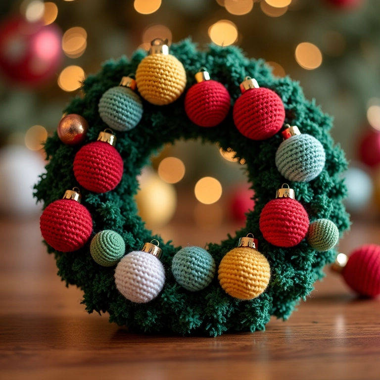 Guirlanda de bolas de Natal coloridas em amigurumi.