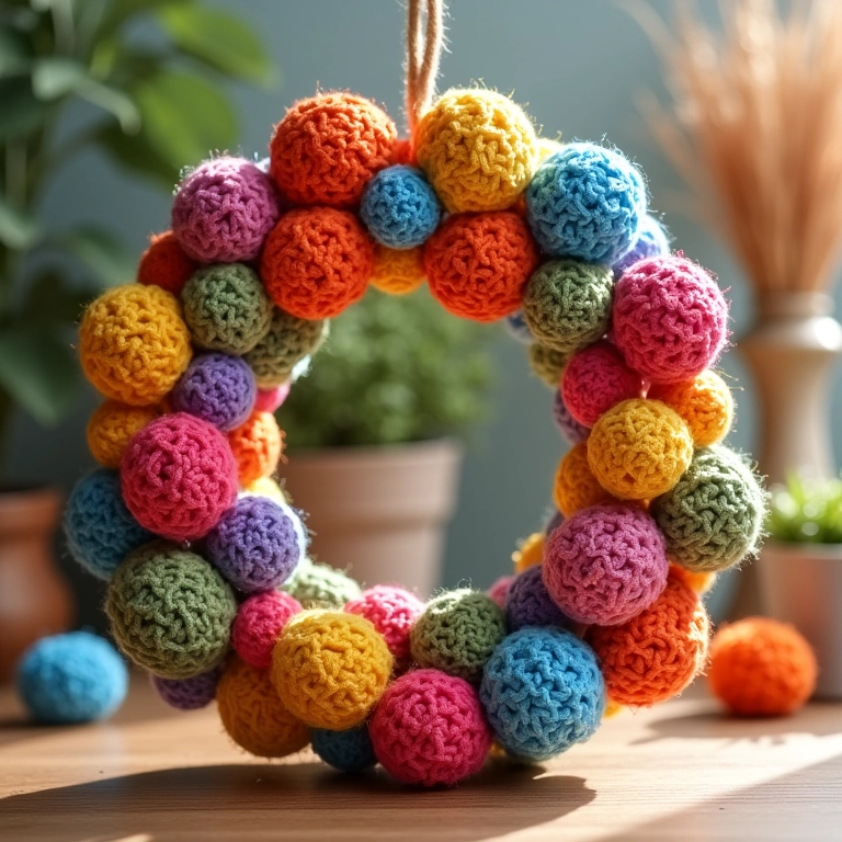 Guirlanda de crochê com bolas coloridas.