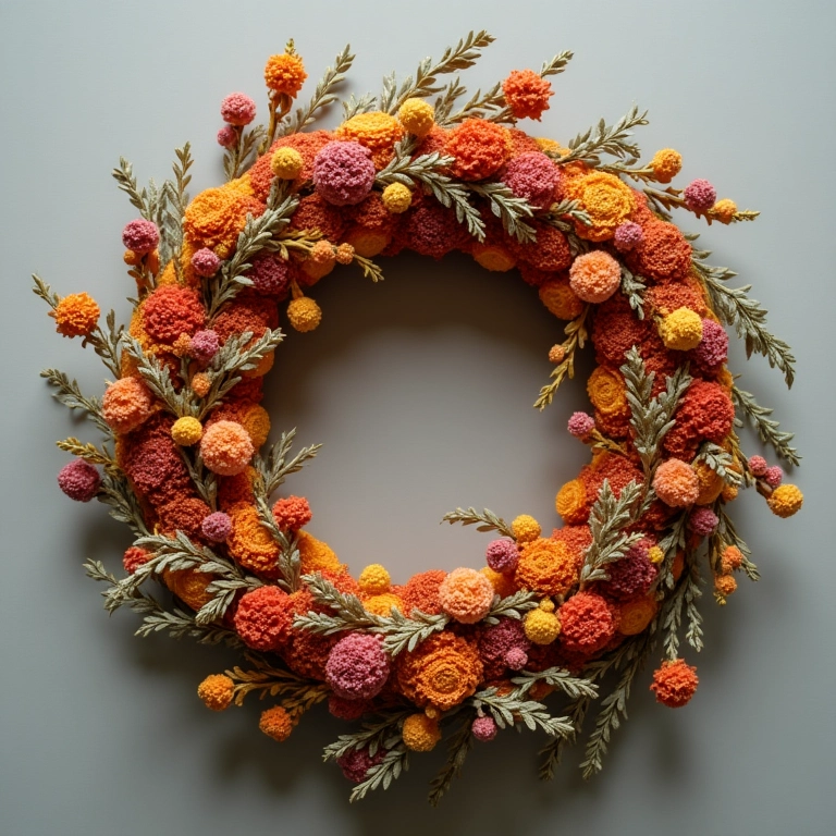 Guirlanda de crochê com flores secas e folhagens.