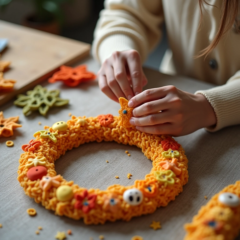 Guirlanda de crochê com macarrão pintado.