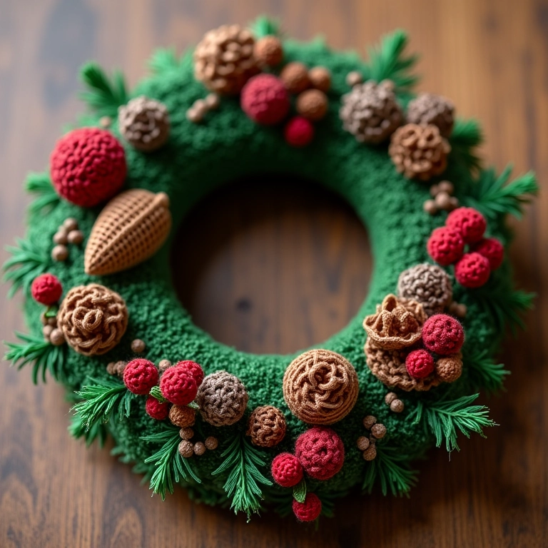 Guirlanda de crochê com pinhas e folhas secas.