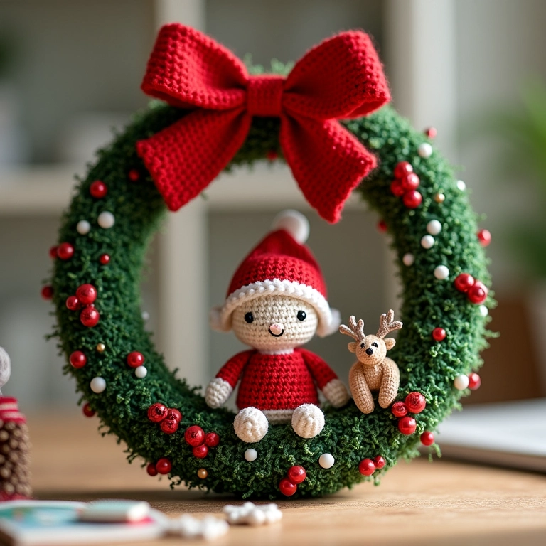 Guirlanda de crochê com roupas e acessórios em miniatura.