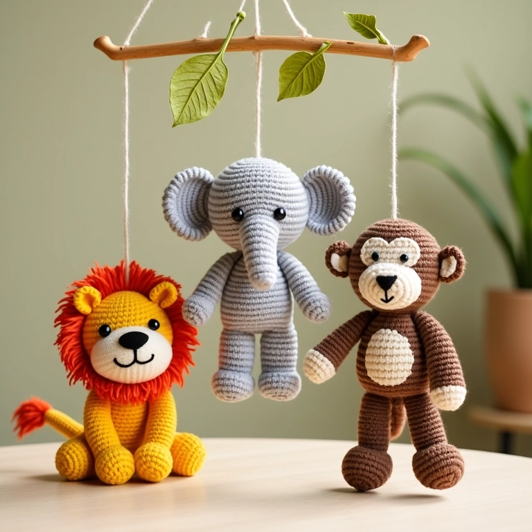 Guirlanda de crochê com tema de animais da selva.