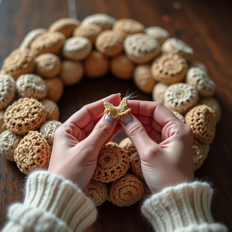 Guirlanda de crochê com tema de rolhas de cortiça, detalhes feitos à mão.