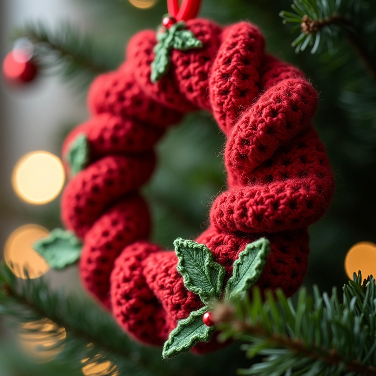 Guirlanda de crochê natalina em close-up.