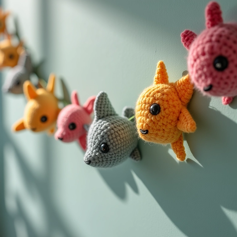 Guirlanda de feltro amigurumi com animais marinhos de crochê, em close-up.