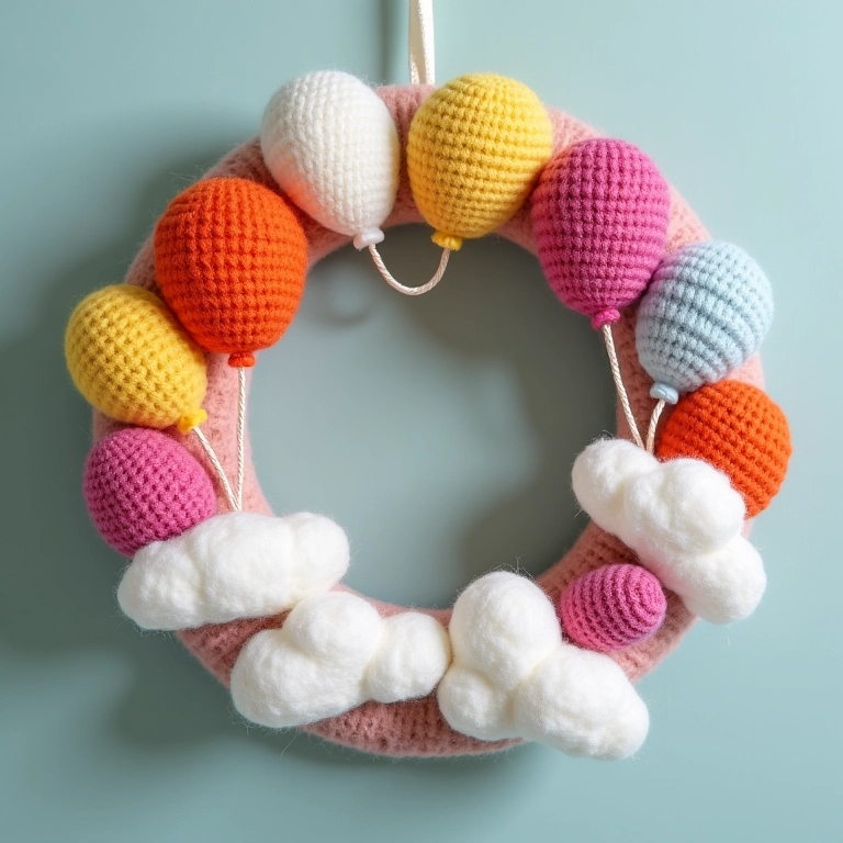 Guirlanda de feltro amigurumi com balões e nuvens.