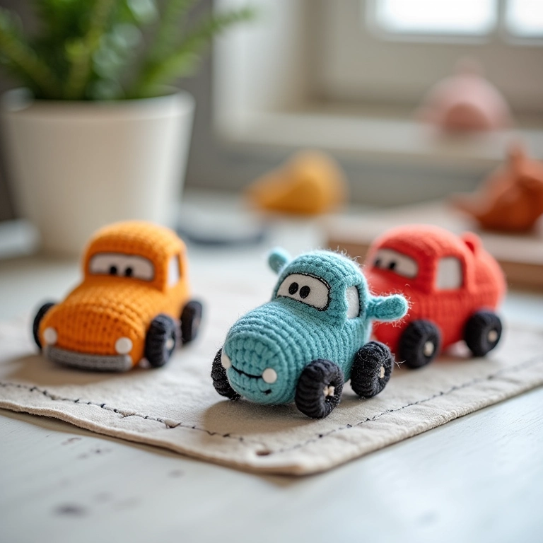 Guirlanda de feltro amigurumi com carrinhos e aviões de crochê em mesa de artesanato.
