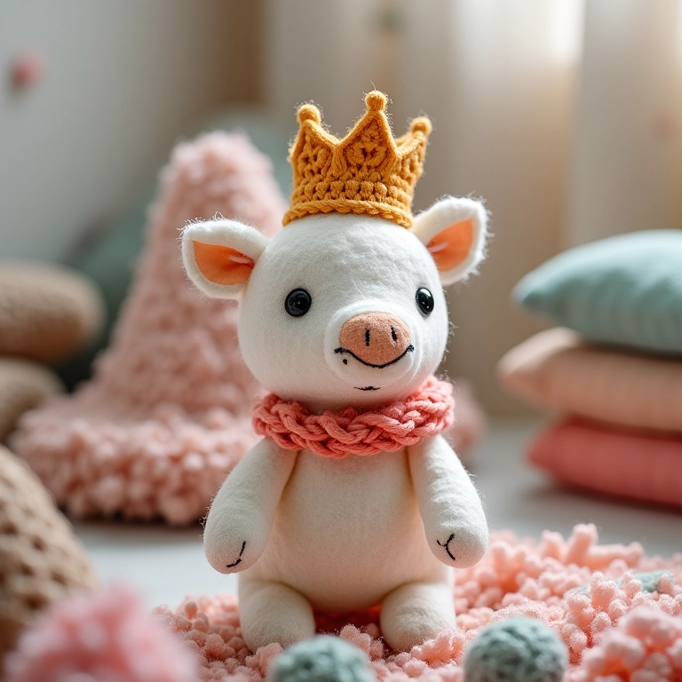 Guirlanda de feltro amigurumi com coroa de príncipe ou princesa de crochê em tons pastel.