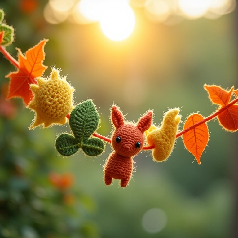 Guirlanda de feltro amigurumi com elementos da natureza de crochê: folhas, sol, lua, estrelas.