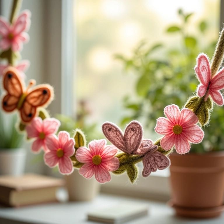 Guirlanda de feltro amigurumi com flores e borboletas de crochê.