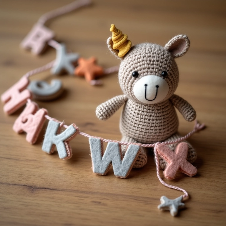 Guirlanda de feltro amigurumi com letras de crochê formando o nome do bebê.