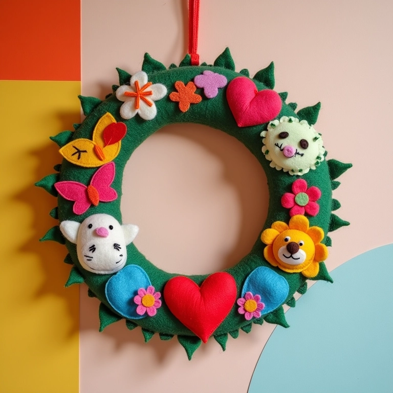 Guirlanda de feltro com tema diverso em parede colorida.