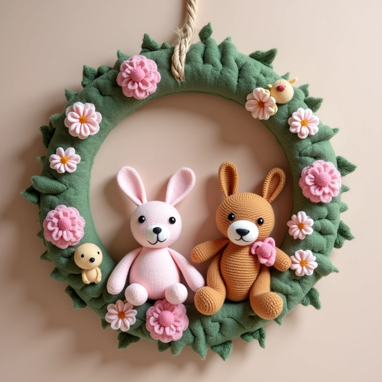 Guirlanda de feltro de bichinhos em amigurumi, ursos e coelhos.