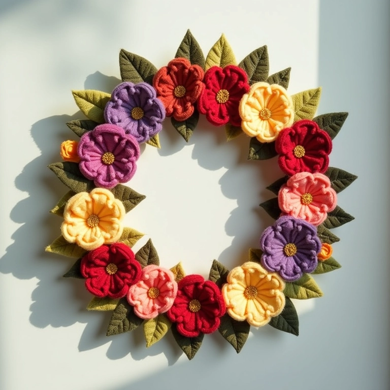 Guirlanda de feltro de flores em amigurumi, cores vibrantes.