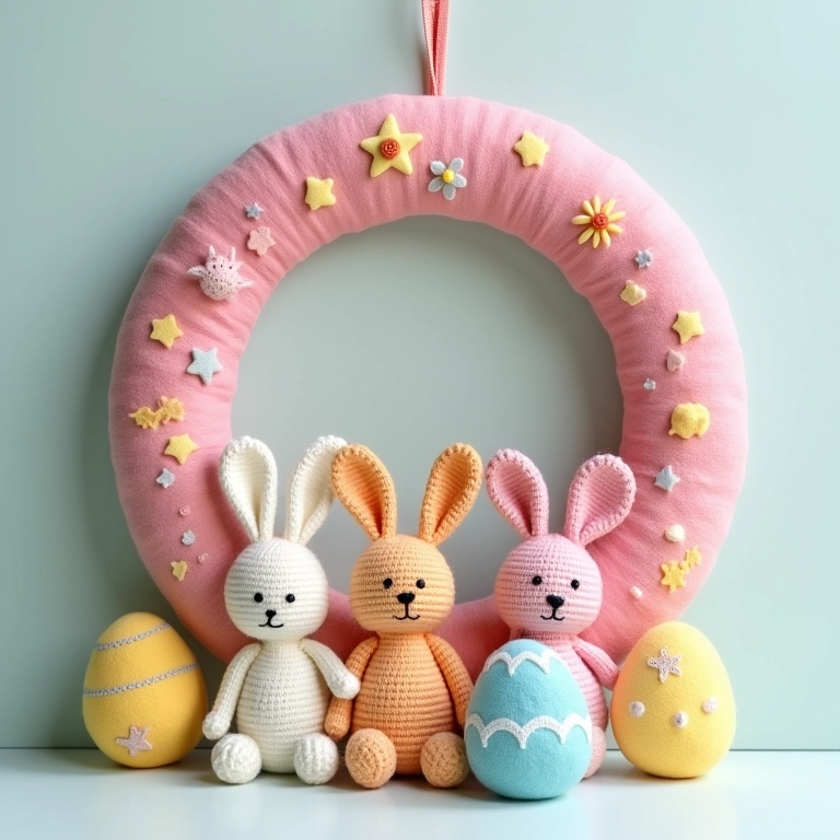 Guirlanda de feltro de Páscoa em amigurumi, coelhos e ovos.