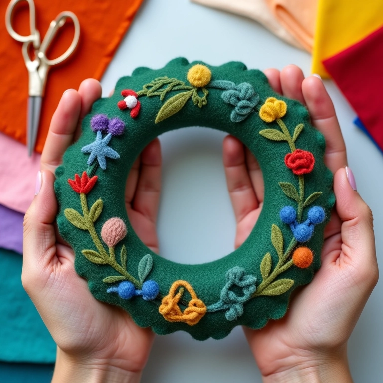 Guirlanda de feltro e materiais de artesanato.