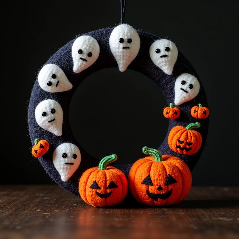 Guirlanda de feltro Halloween em amigurumi, fantasmas e abóboras.