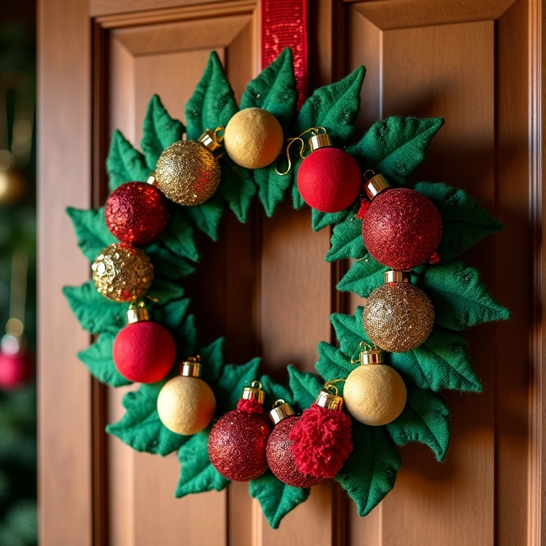 Guirlanda de feltro natalina pendurada na porta.