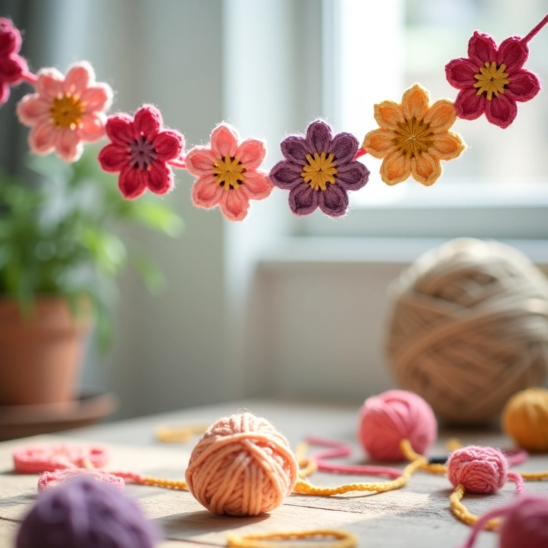 Guirlanda de flores de crochê pendurada sobre mesa de artesanato.