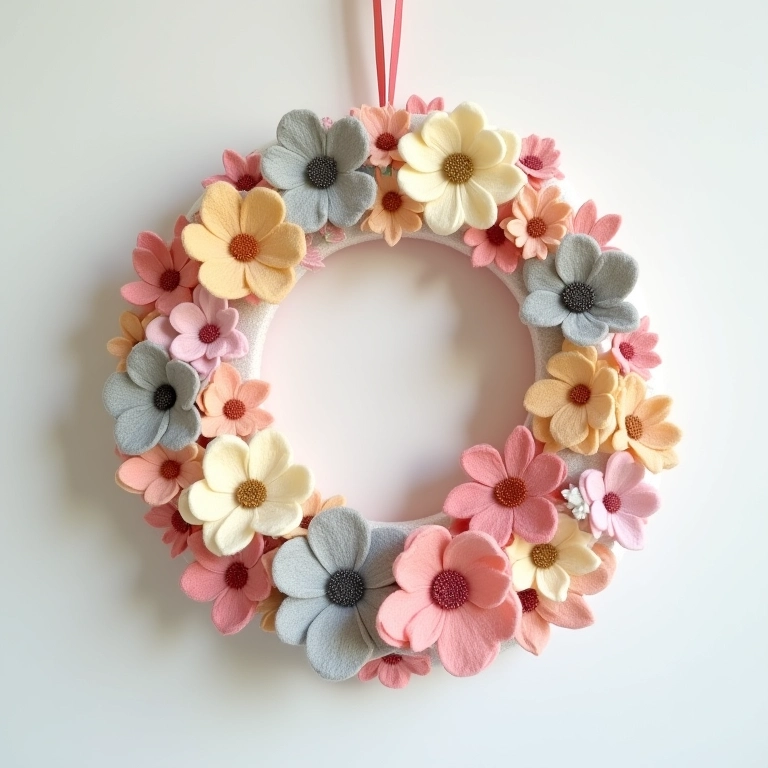 Guirlanda de maternidade em feltro pendurada, com detalhes florais em tons pastel.