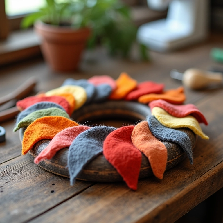 Guirlanda de maternidade em feltro sendo confeccionada em mesa de madeira rústica.