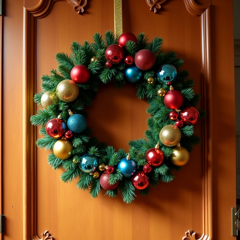 Guirlanda de Natal com bolas coloridas pendurada na porta.