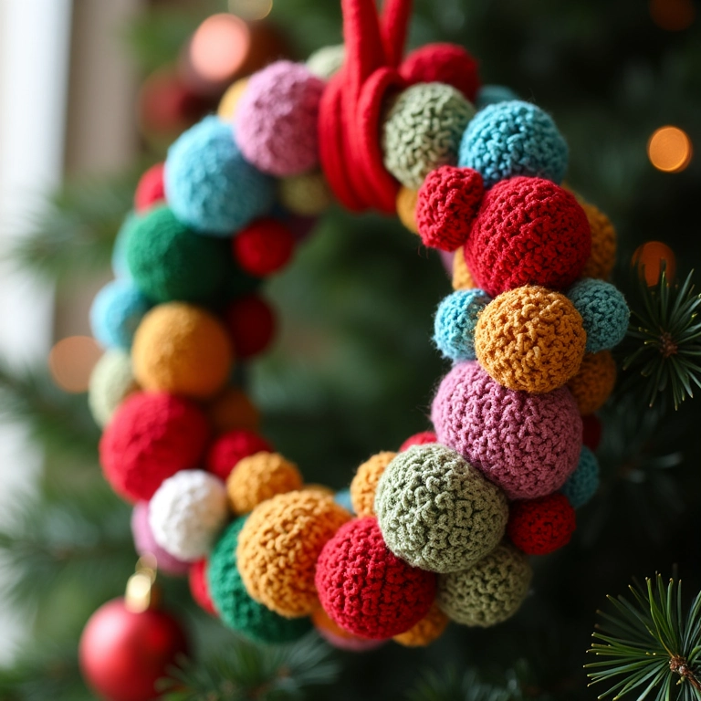 Guirlanda de Natal de amigurumi com bolas coloridas.