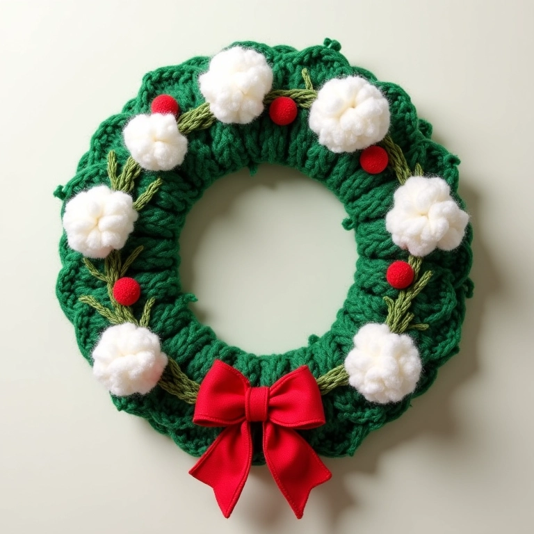 Guirlanda de Natal de amigurumi com bolas de algodão.