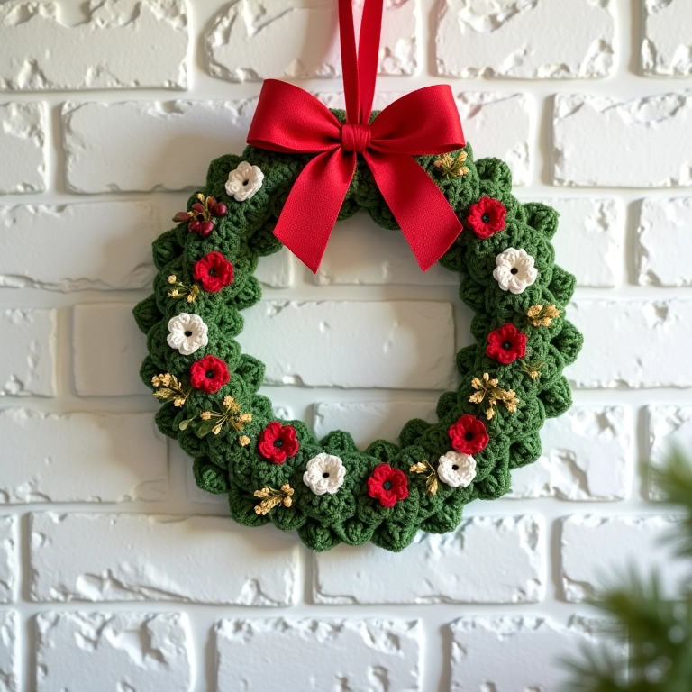 Guirlanda de Natal de amigurumi com flores secas.