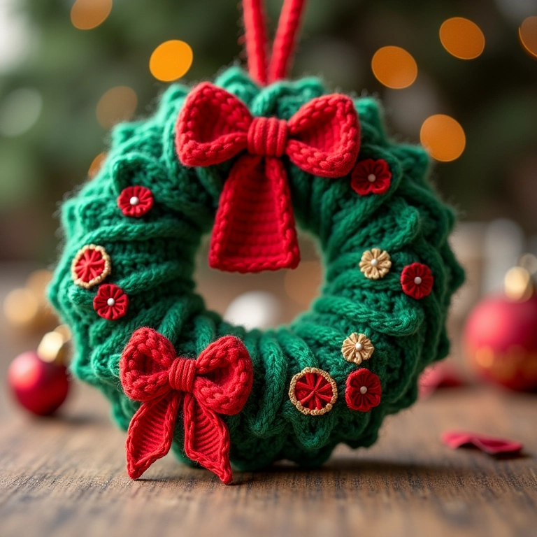 Guirlanda de Natal de amigurumi com laços coloridos.