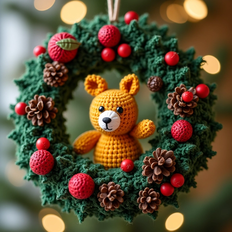 Guirlanda de Natal de amigurumi com pinhas e frutas secas.