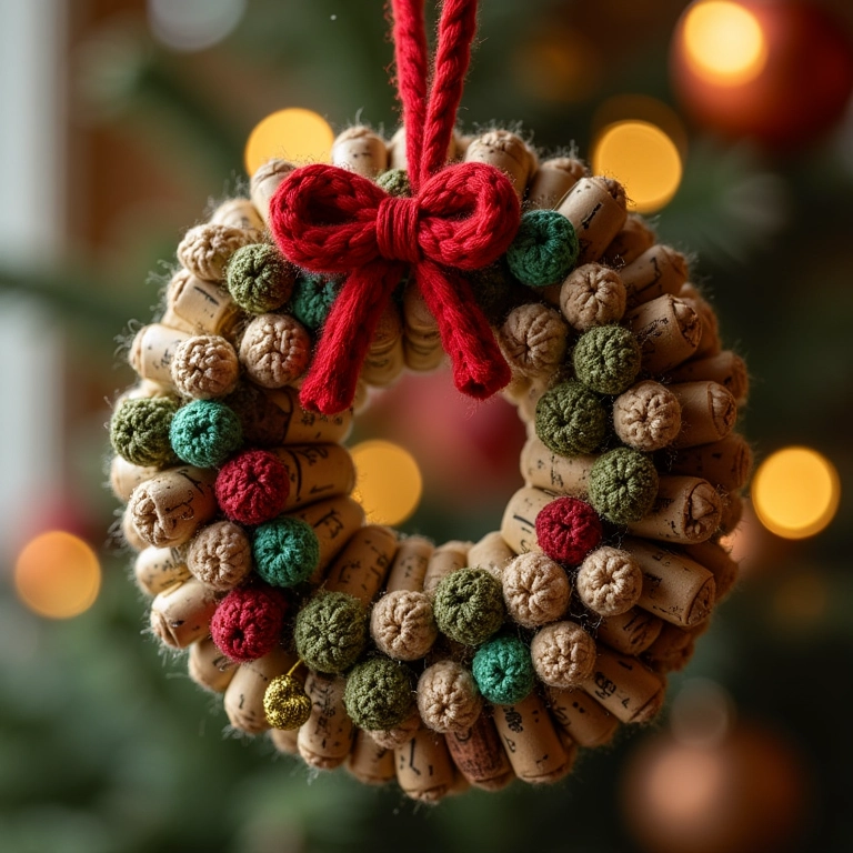 Guirlanda de Natal de amigurumi com rolhas de cortiça.