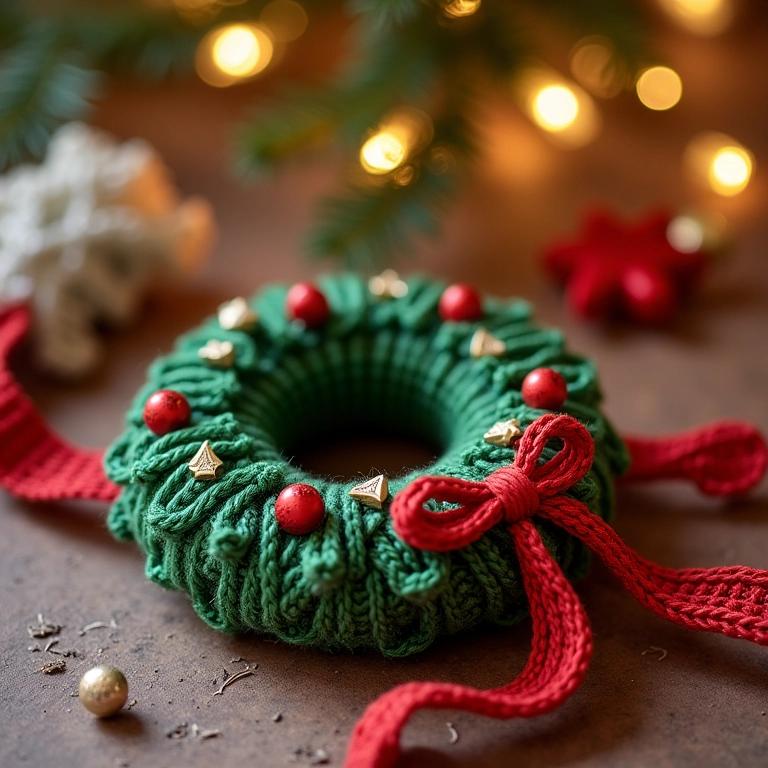 Guirlanda de Natal de crochê com enfeites coloridos.