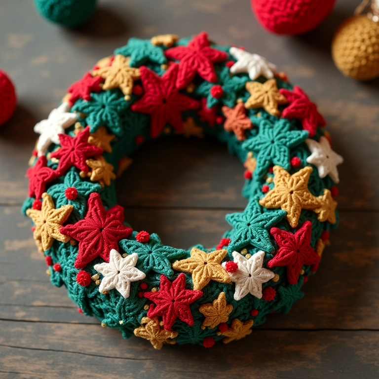 Guirlanda de Natal de crochê com retalhos de tecido.