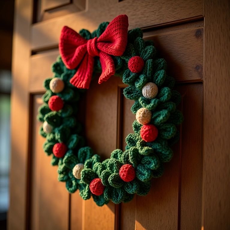 Guirlanda de Natal em amigurumi na porta de madeira rústica.