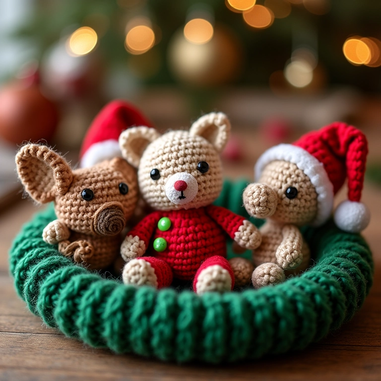 Guirlanda de Natal em crochê com enfeites de amigurumi.