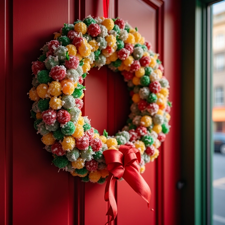 Guirlanda de Natal feita de doces e balas coloridas.